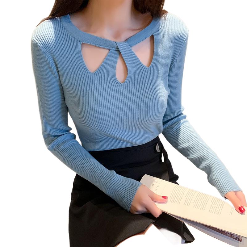 

Женский пуловер с круглым вырезом, женский полый свитер, тонкая рубашка, джемпер, сюртук L небесно-голубой