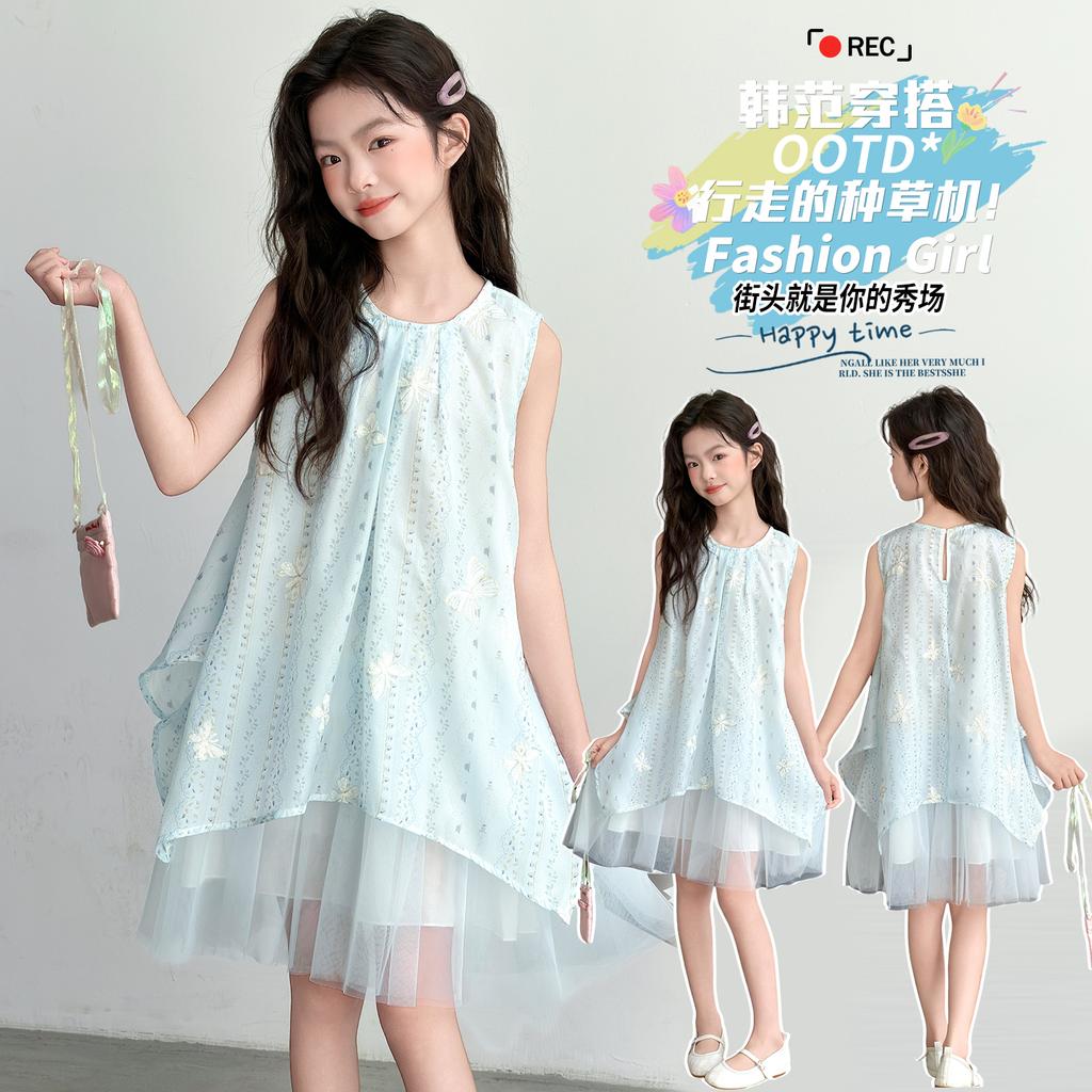 Girls' summer chiffon children's summer sleeveless vest dress, blue embroidered bow mesh princess dress