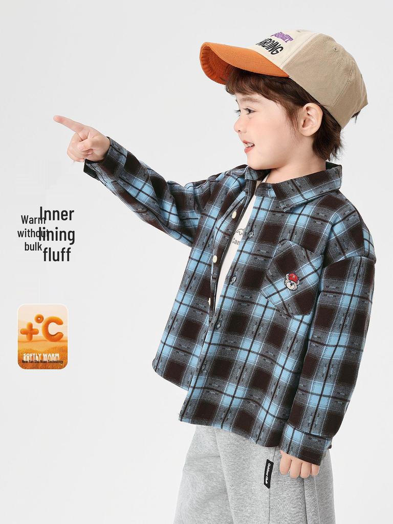 European Boys' Fleece-Lined Plaid Shirt - Autumn/Winter 2025 Kids' Thickened Top