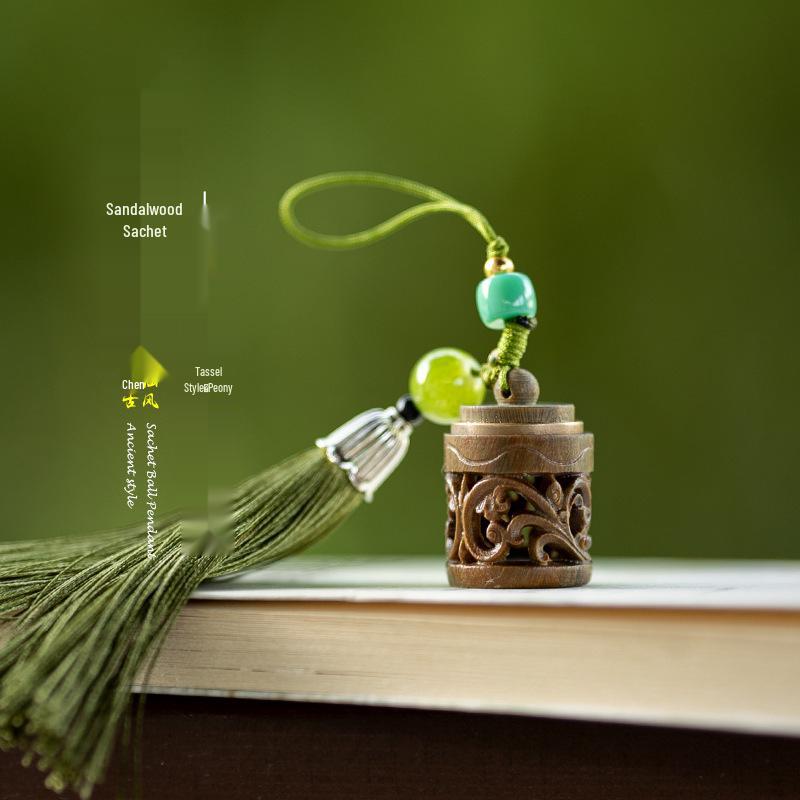 

Vintage Green Sandalwood Qipao Brooch with Tassel Pendant and Scented Diffuser Ornament