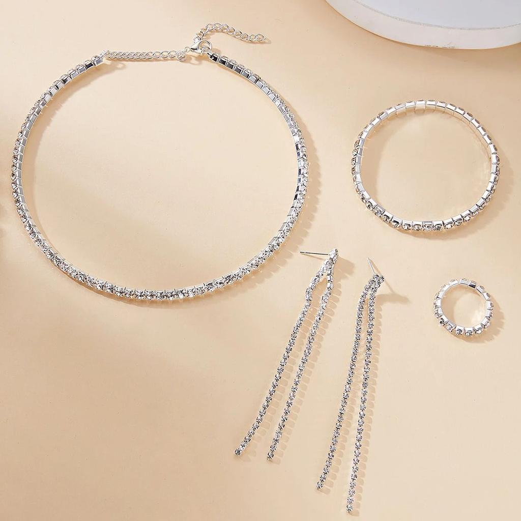 Bracciale Tennis in Zircone Squisito Collana Choker per Donna Orecchini Pendenti e Anello Full Strass Set di Gioielli per Matrimonio Festa