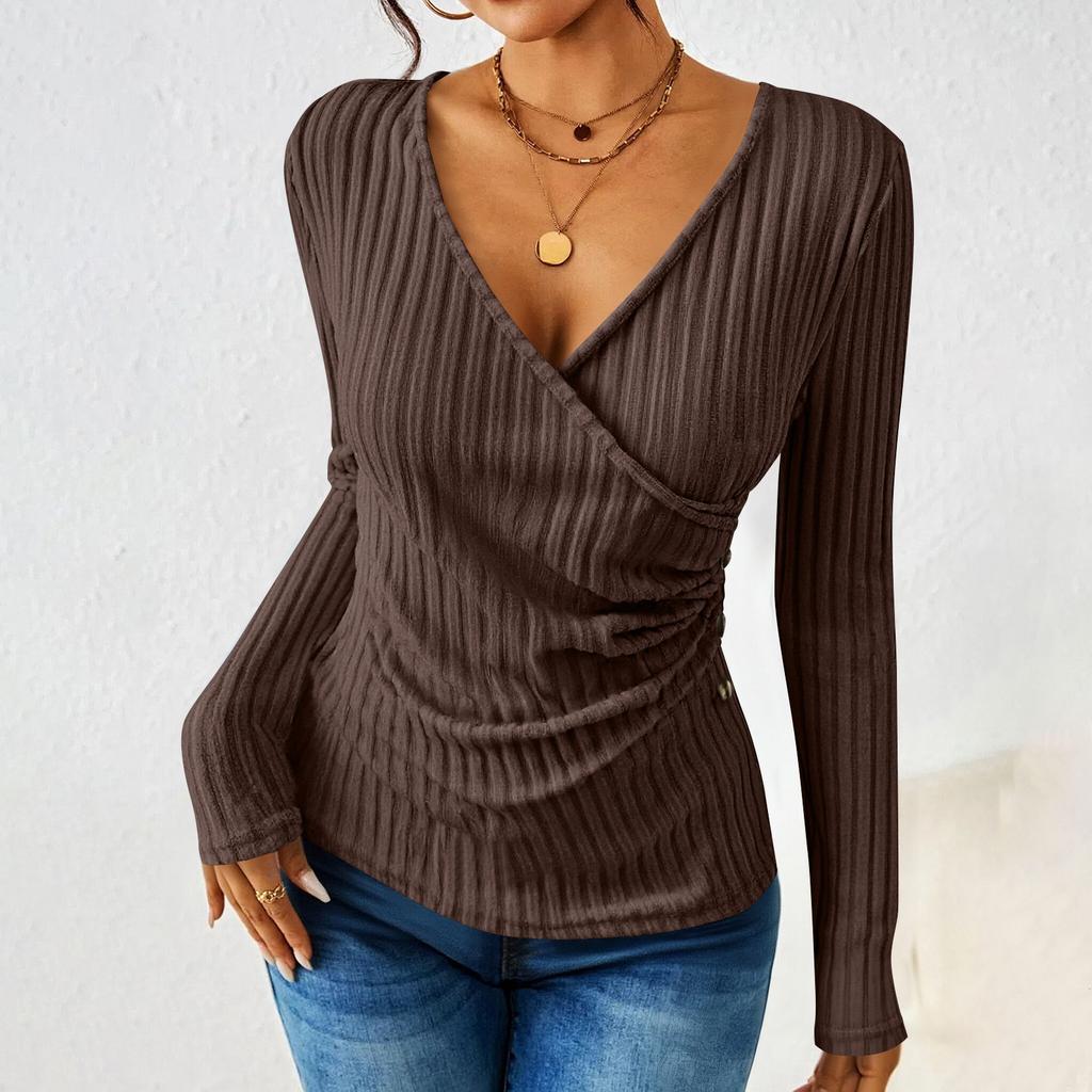 Women's Fashion Casual Long-Sleeve V-Neck -Color Pullover Knit Top