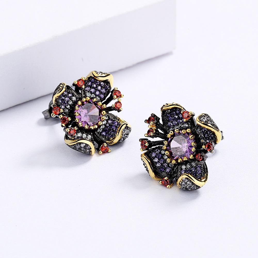 New Personality Flower-Shaped Earrings Fashion Sunflower Purple Zircon Black Gold Earrings Wedding Party Jewelry Gift