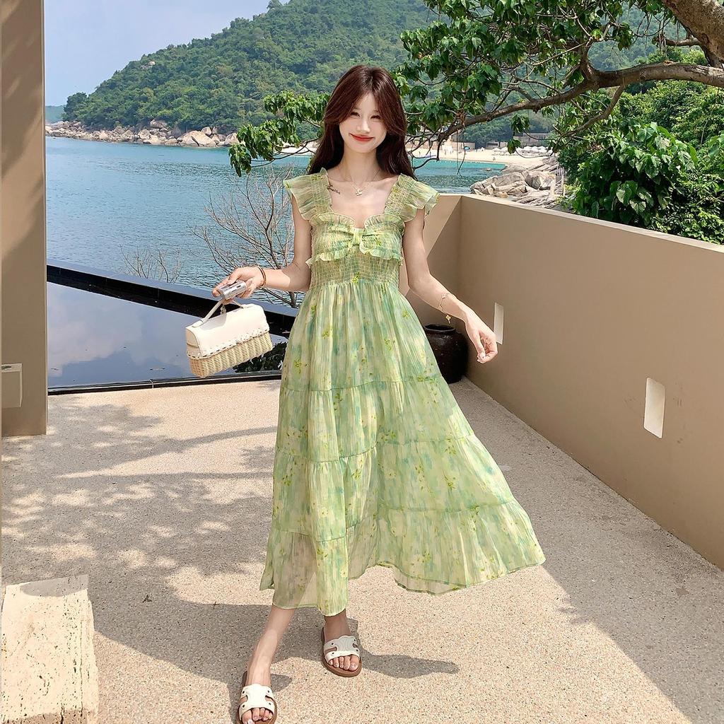 Women Green Floral Maxi Dress, Ruffle Sleeve Tiered Vacation Dress