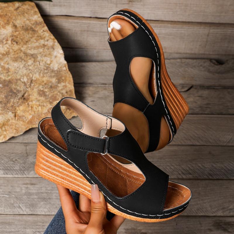 Summer New Large Size Sandals Women's Sewing Line Breathable Velcro Hollowed Wedge Sandals Women