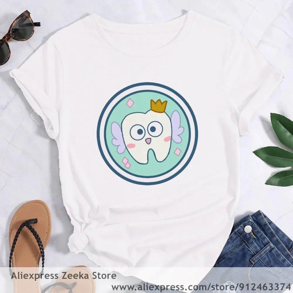 Zahn und Zahnarzt Grafik Ästhetik Frauen Lustige Print Damen T-shirt Mädchen Y2K Harajuku Basis O-kragen Weißes Hemd Kurze
