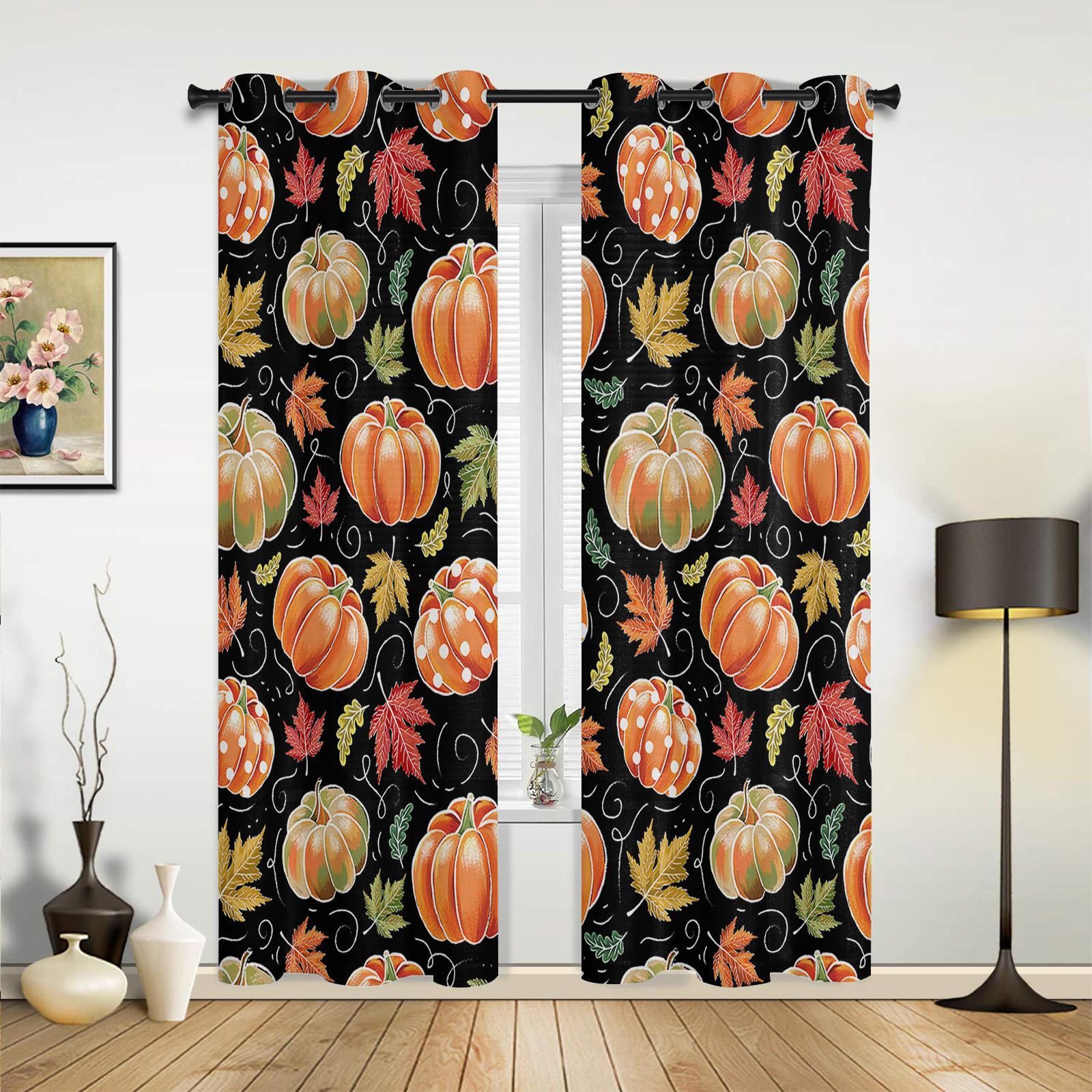Осенние акварельные шторы с тыквой для спальни — фото 3