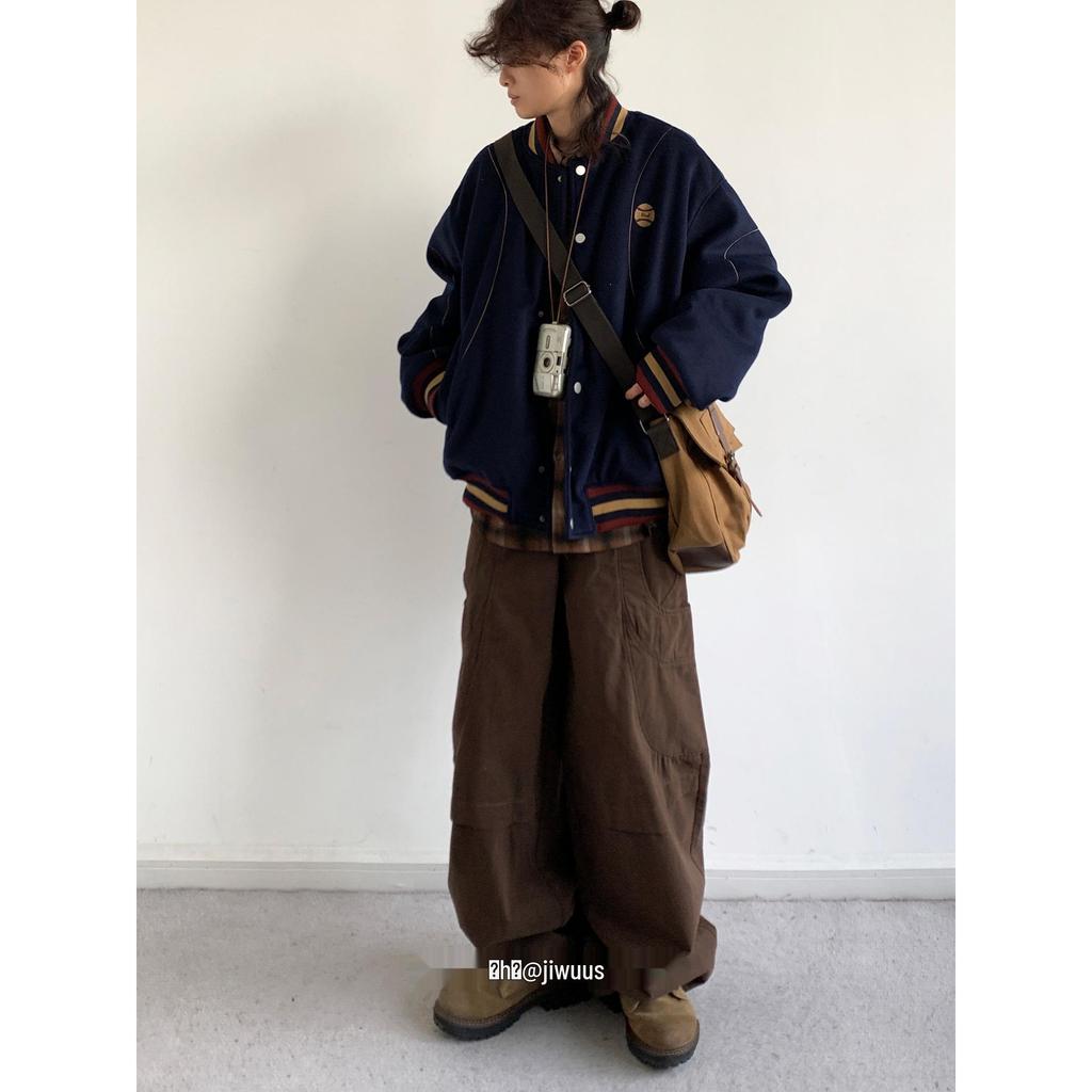Unisex Japanese Retro Color Block Wool Baseball Jacket, Autumn/Winter Academy Style