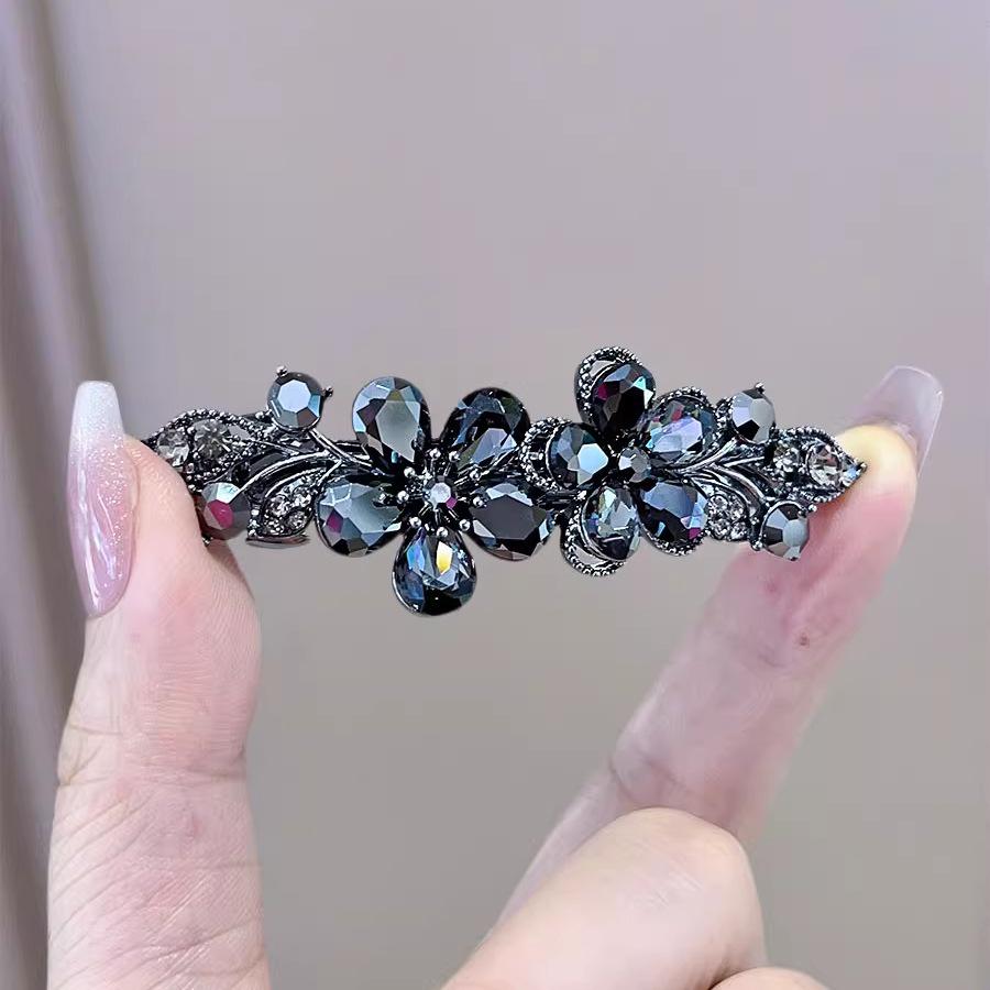 Black Crystal Flower Hair Clip - Korean Style Women's Half Updo Accessory