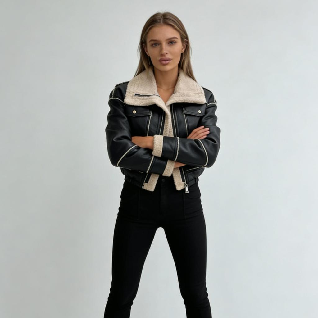 Women's Fall Winter Lamb Wool Short Zip-up Moto Style PU Leather Jacket Coat for European American