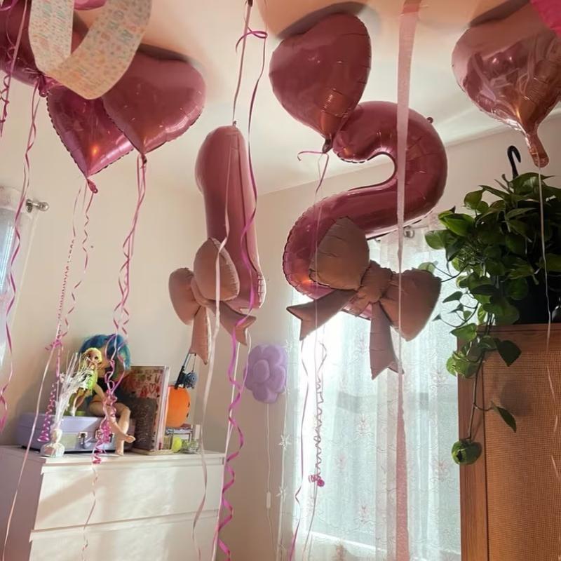 6/7Pcs Birthday Party Wedding Engagements Anniversaries Decor Pink Bow Heart Balloon With 32Inch Pink Number Foil Balloon