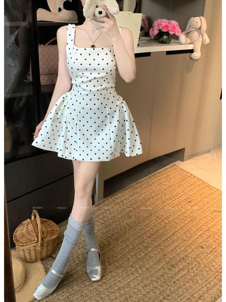 White Polka Dot Strappy Dress: Backless, Waist-Slimming, Puffy Skirt for Women