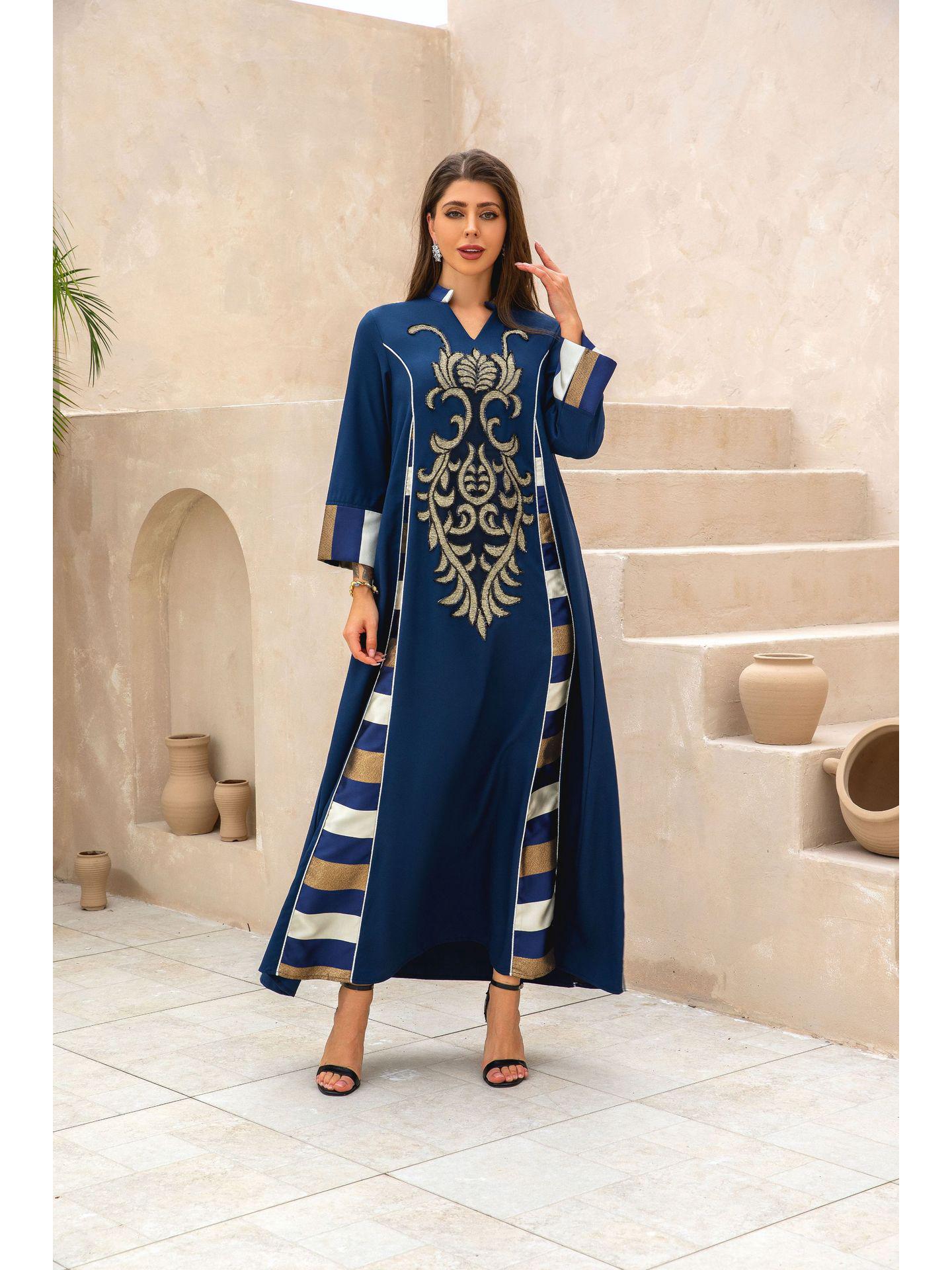 

ZD107 Абая в полоску с вышивкой пайетками XL темно-синий