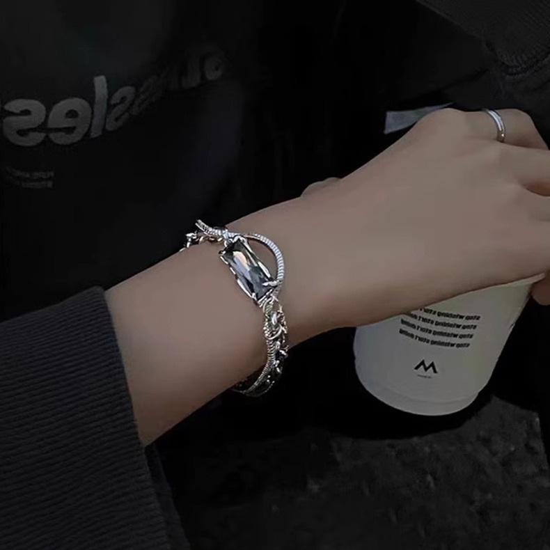 Unisex Dark Gray Titanium Steel Bangle with Gray Diamonds: Trendy, Niche Design, Light Luxury