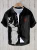 Summer Fashion Large Size Youth Men's Short Sleeve Shirt Linen Cardigan Lapel Funny Cat Ink Painting Print