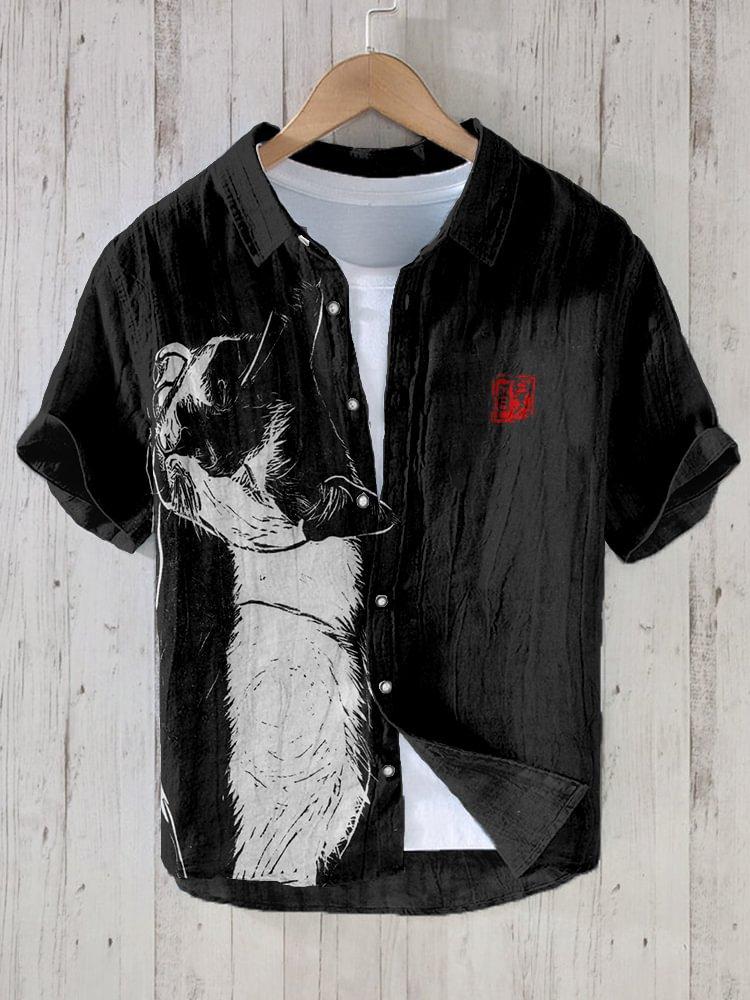 Summer Fashion Large Size Youth Men's Short Sleeve Shirt Linen Cardigan Lapel Funny Cat Ink Painting Print