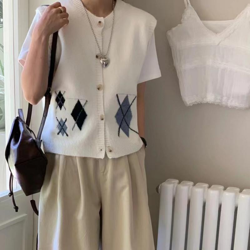 Women's Knitted Vest Spring and Autumn Diamond Grid Knitted Vest Women's Loose Sweater Vest Top