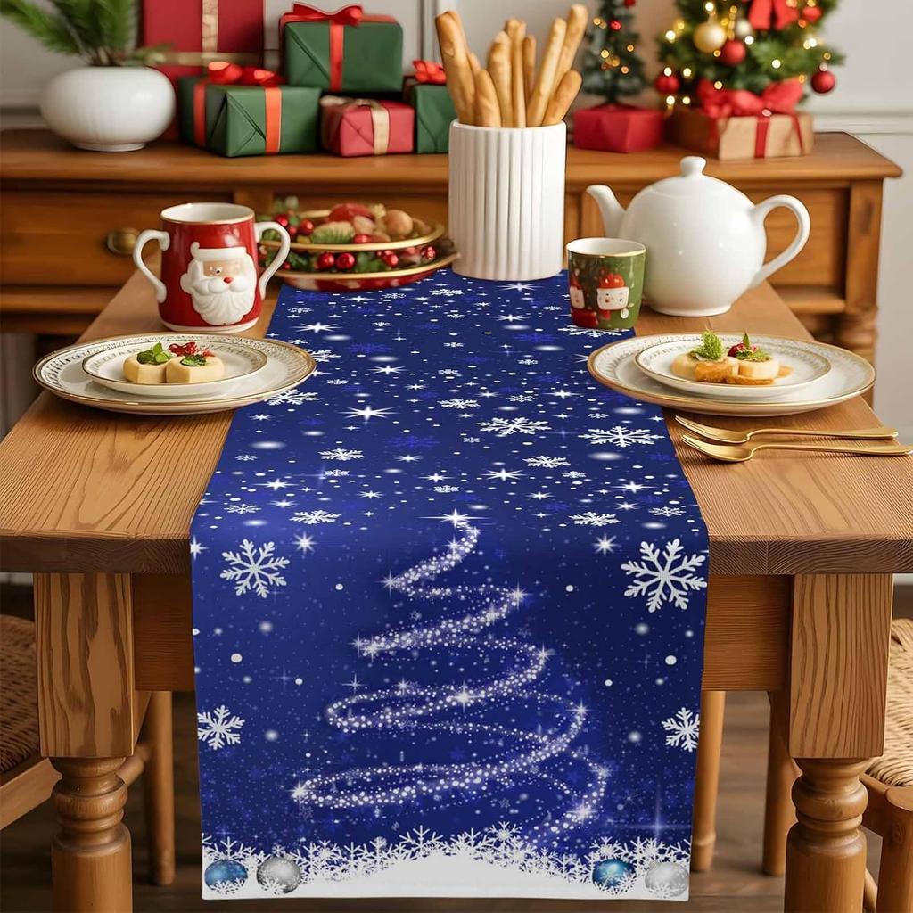 Christmas Snowflake Xmas Tree Navy Blue Linen Table Runners Party Decor Winter Kitchen Dining Table Runner Christmas Decorations