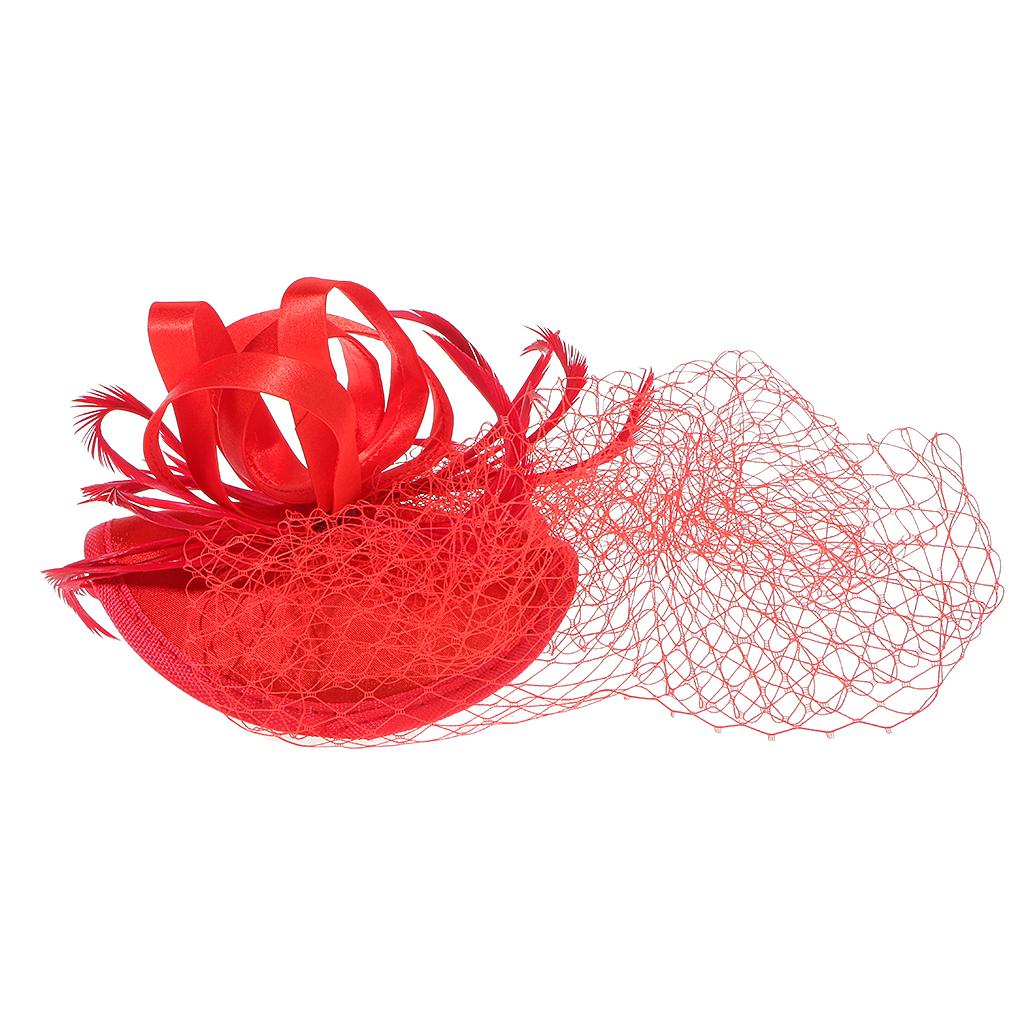 Women Girls Ladies Feather Fascinator Mesh Hairdressing Bridal Hair Clip Wedding Party Accessory Red