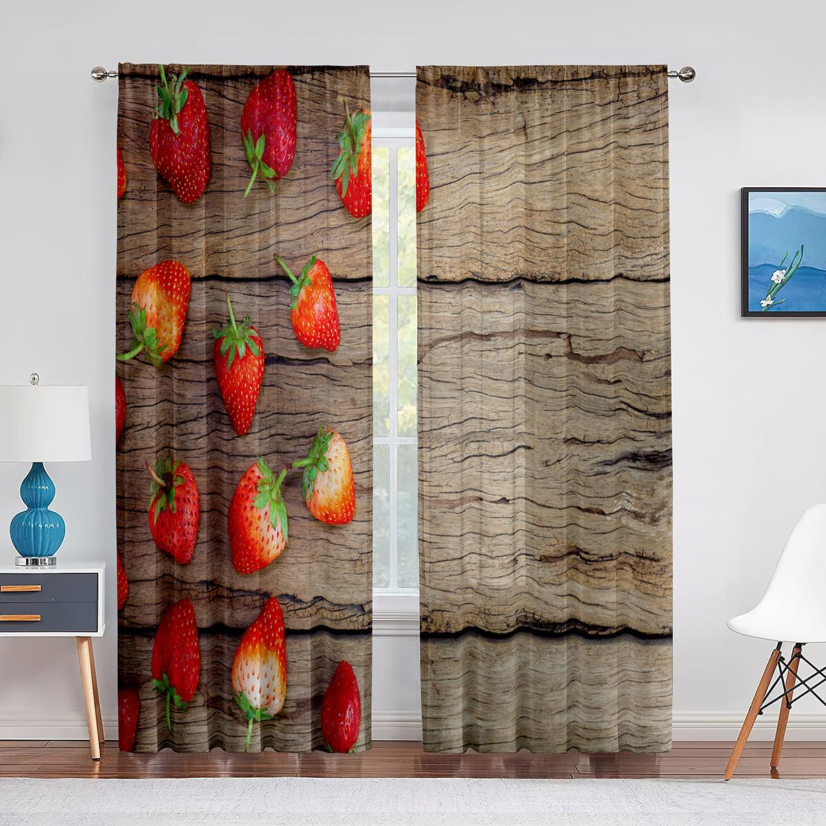 

Вкусная большая клубника на красном фоне, прозрачная вуаль, занавеска с фруктами, тюлевые шторы для украшения гостиной, спальни 1 PCS W100XH250cm&Grommet Top