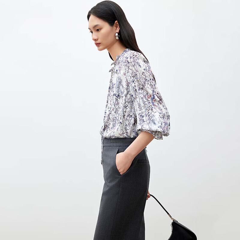 JESSIE Women s French Floral Print Tie-Neck Lantern Sleeve Chiffon Blouse S