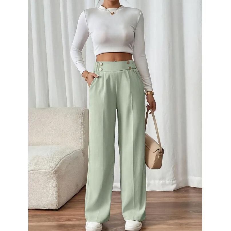 Damen High Waist Weitbein Hose - Fließende Bodenlange Hose Minimalistisch Gerade Passform Loungehose mit Elastischem Bund