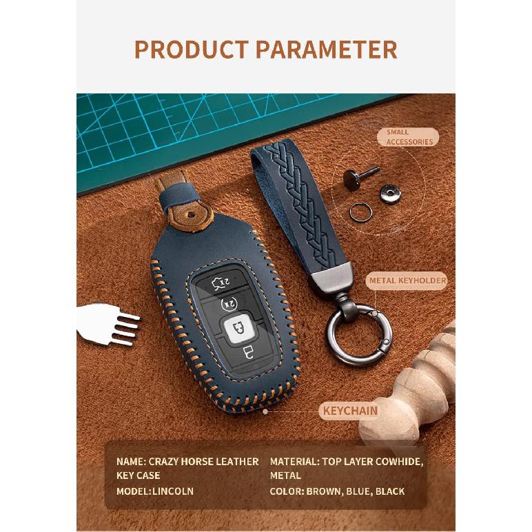 SANRILY Handmade Leather Key Fob Cover for Lincoln Continental MKC MKZ MKX 2017-2022, Navigator 2018-2022, Nautilus 2020-2022 Keyless 3/4/5 Button