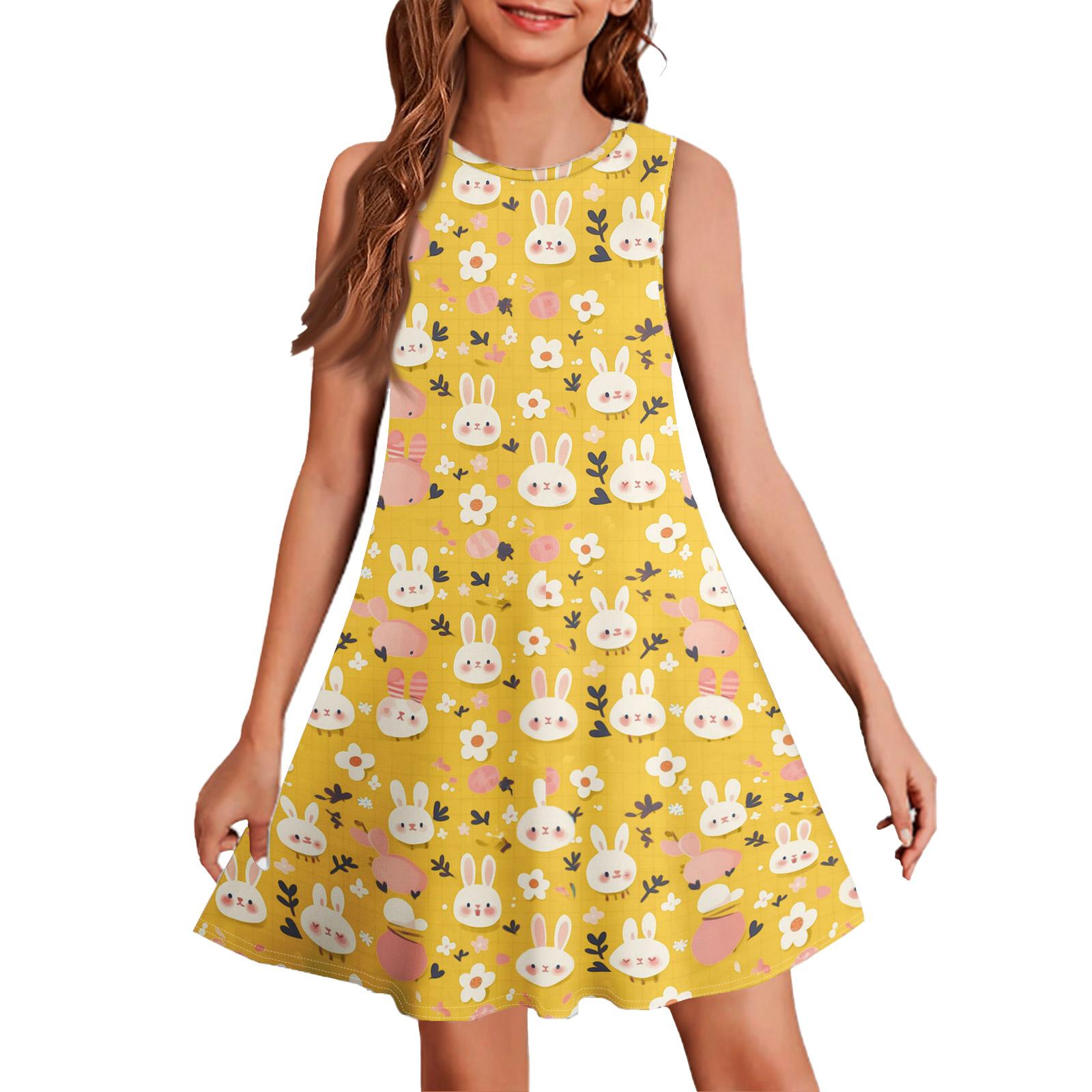 

Girl Summer Dress Sleeveless Printed Color Casual Dress 160 жовтий