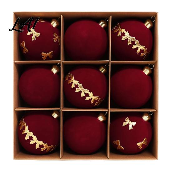 Christmas Party Background Decor 9Pcs Flocked Ball Ornaments Burgundy Velvet Balls with Gold Retro Supplies Embroidery Hanging Tree for Holiday Home