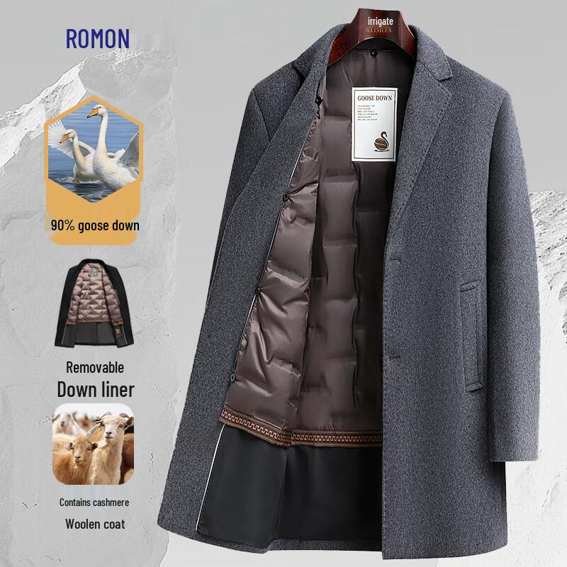 ROMON Men's Mid-Length Wool Blend Coat with Removable Down Liner
