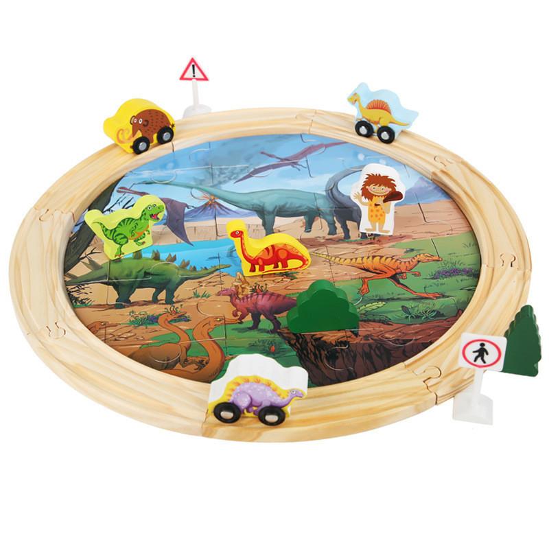 

Wooden Electric Train Track Set With Magnetic Blocks For Kids Building And Learning Dinosaur Round No Motor