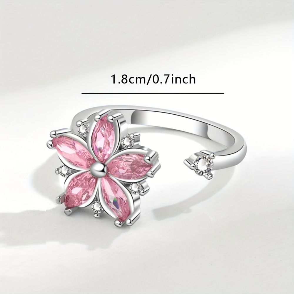 Female Ring Cherry Blossom Ring Rotating Design Pink Zircon Ring Floral Synthetic Ring Daily Wear