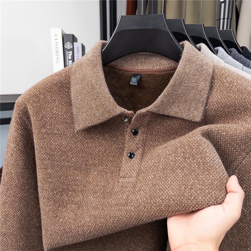 Men's Plus Velvet Knitwear Winter Lapel Polo Shirt - Middle-aged Casual Warm Long Sleeve Sweater Base Layer
