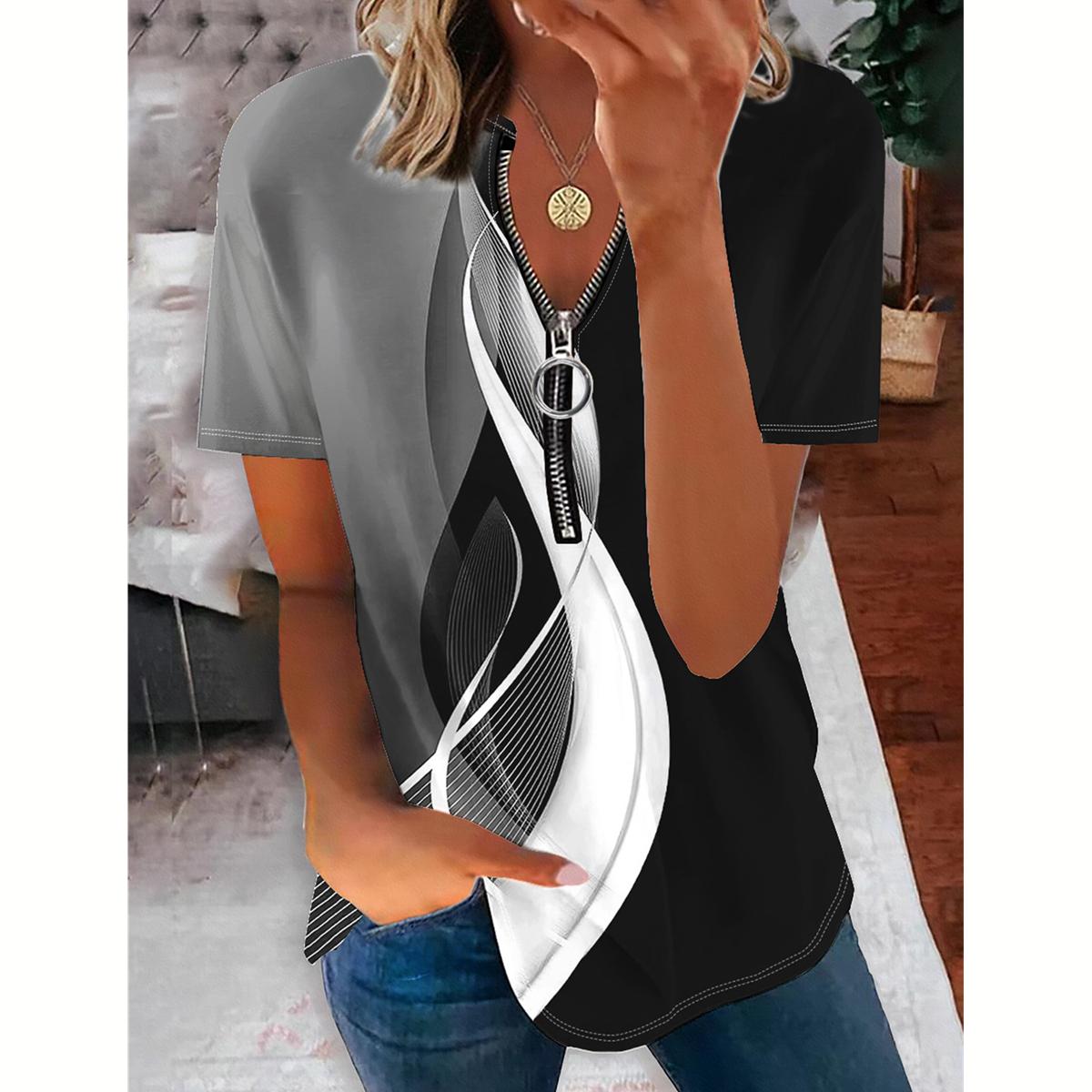 

Женская летняя модная футболка с коротким рукавом и застежкой-молнией большого размера 4XL серый