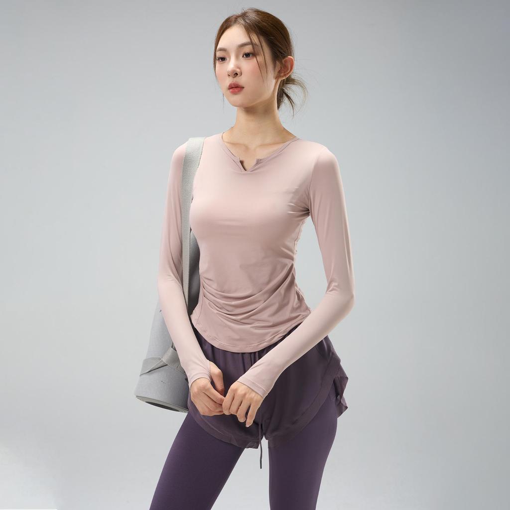 Women's V-Neck Yoga Set: Quick-Dry, Breathable, Fashionable Two-Piece with Chest Pads and Long Sleeves