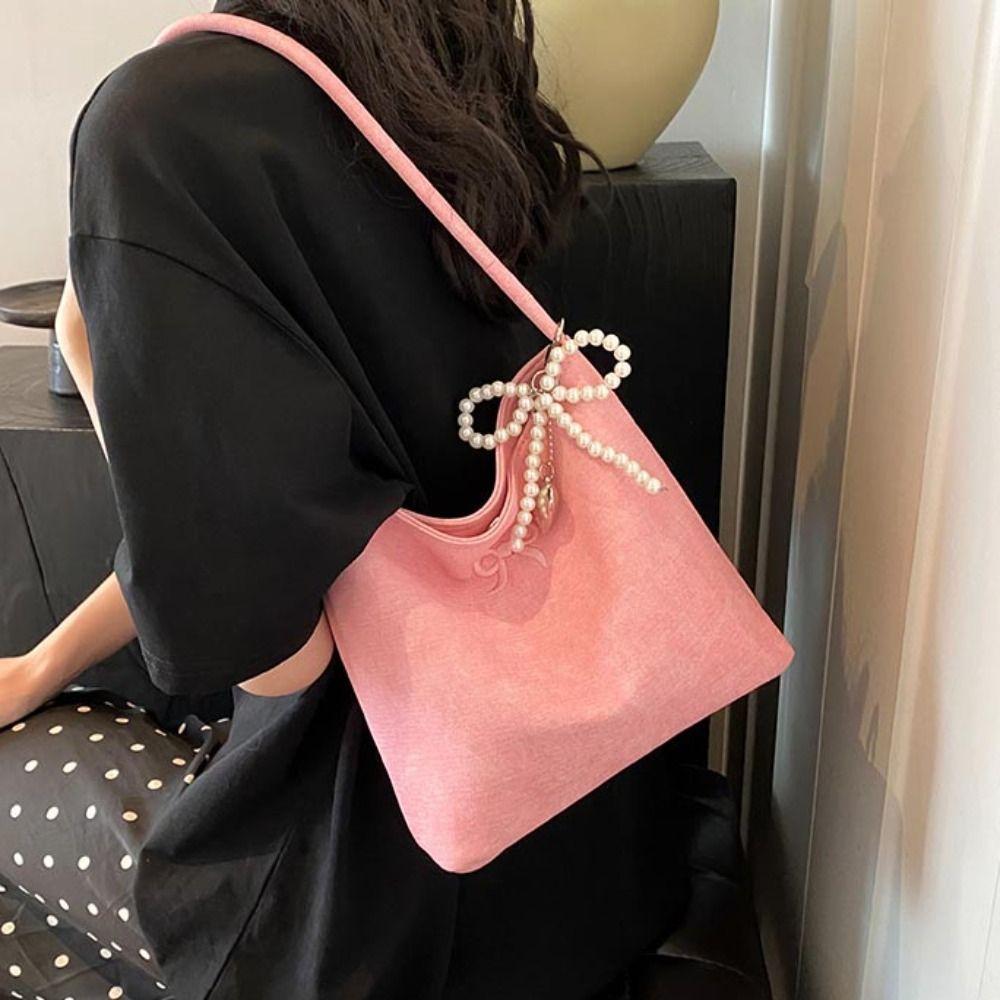 

Сумка-тоут из нейлона с жемчужным кольцом для ключей в корейском стиле с принтом PU, переносная сумка через плечо с бантом для девочек