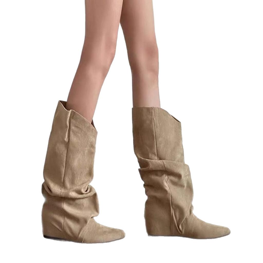 Super Soft Sheepskin~ Brown Western Cowboy Boots Versatile Wasteland Wind Piling Boots Women's Inner Height Increase and Thinness Retro Boots