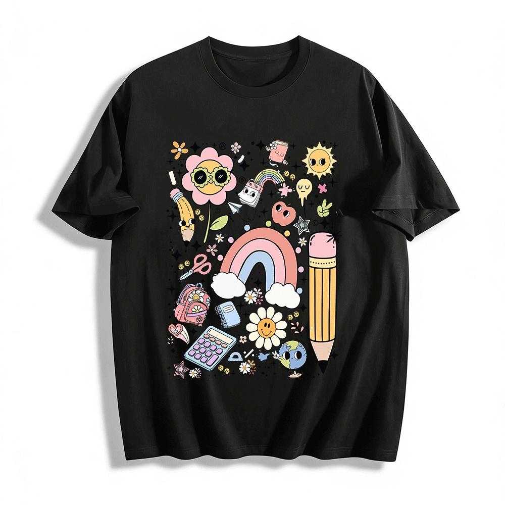 Cute School Style Hand-drawn Cartoon Print Top Pure cotton T-shirt XXS