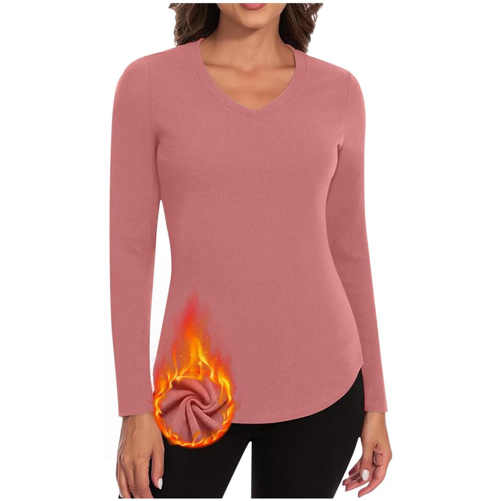 Women's Fashionable Casual Long-Sleeved Knit Top With Fleece , V-Neck, Solid Color, Slim Fit, Stretch Top