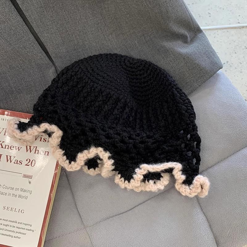 Blue Knitted Wool Cap Women Spring Korean All-match Forest Style Lace Edge Bucket Hat Fashion Big Headband Fisherman Hat