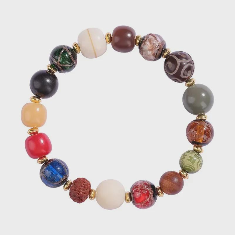 Five-Element Bodhi Seed Bracelet: Incense Ash Glass, Balanced Gold, Wood, Water, Fire, Earth - Ethnic Jewelry for Men and Women.
