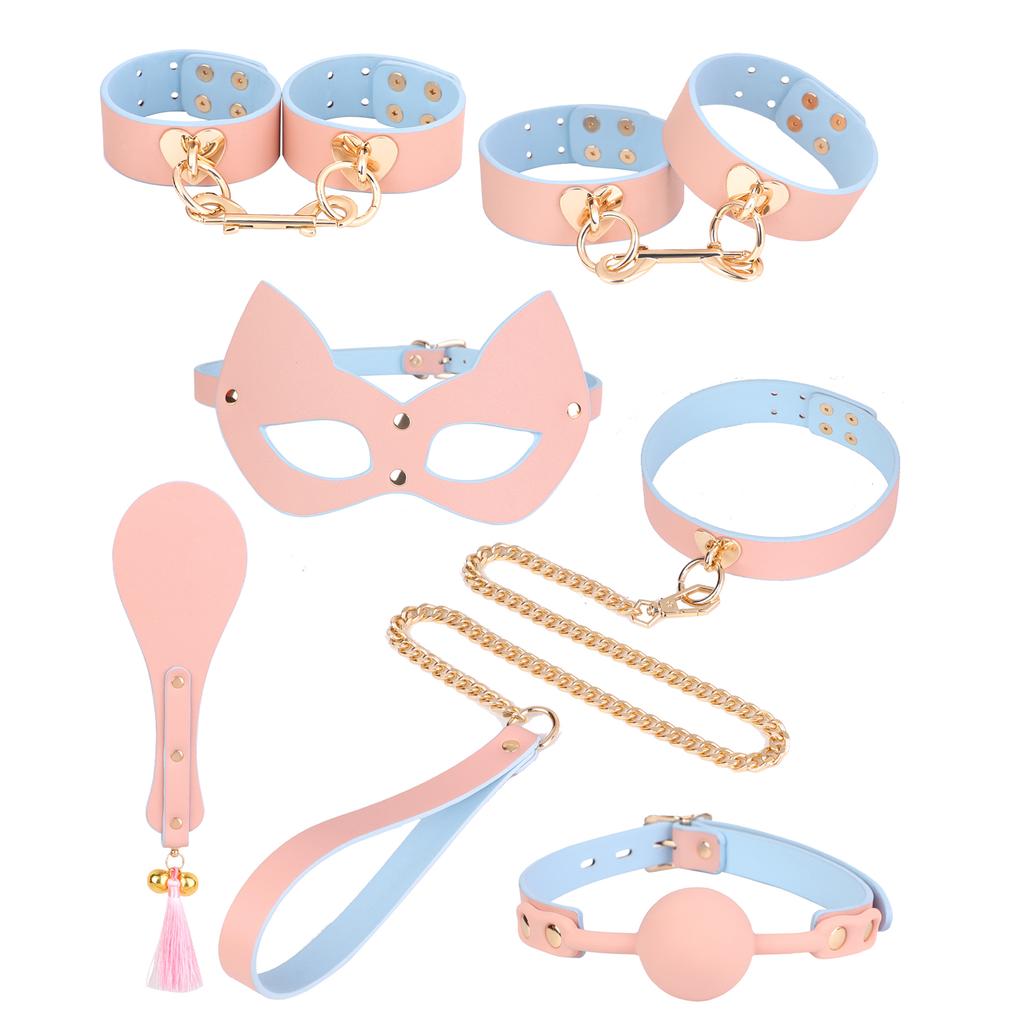 Hot Sexy Genuine Leather Bondage Kits Restraint Set Handcuffs Collar Gag Rabbit Vibrators Adult Sex Toys For Women Couples