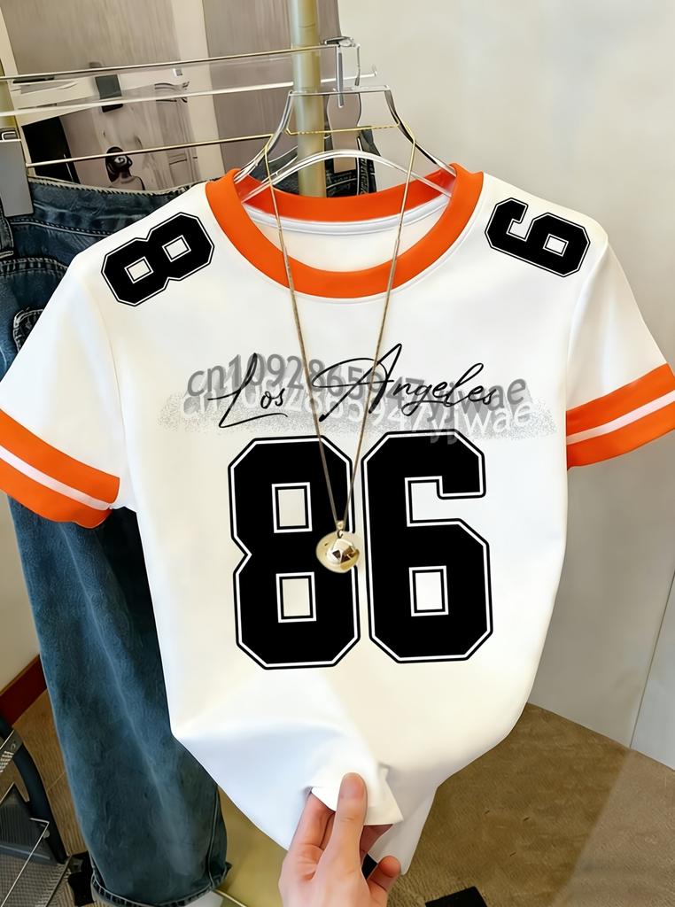 Womens MEN Short Sleeve STRIPE LOS ANGELES NO.86 Print T-Shirt Girl Round Neck Tee Outdoor Sports plus-size women's clothing