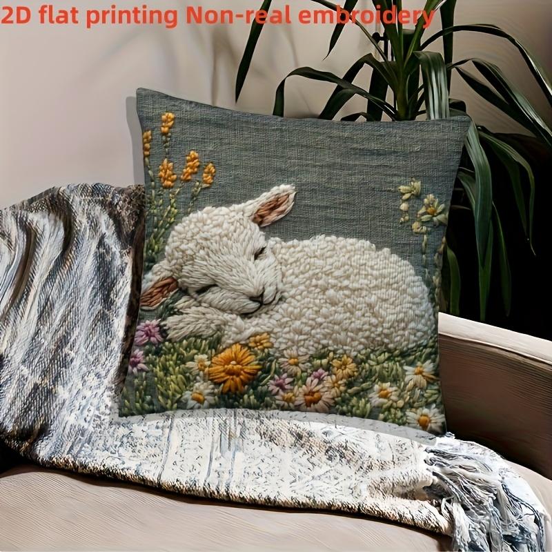 Cute Lamb Floral Pillow Cover 2D Print Sheep On Wildflower Cushion Case For Sofa Bed Couch Boho Nursery Decor
