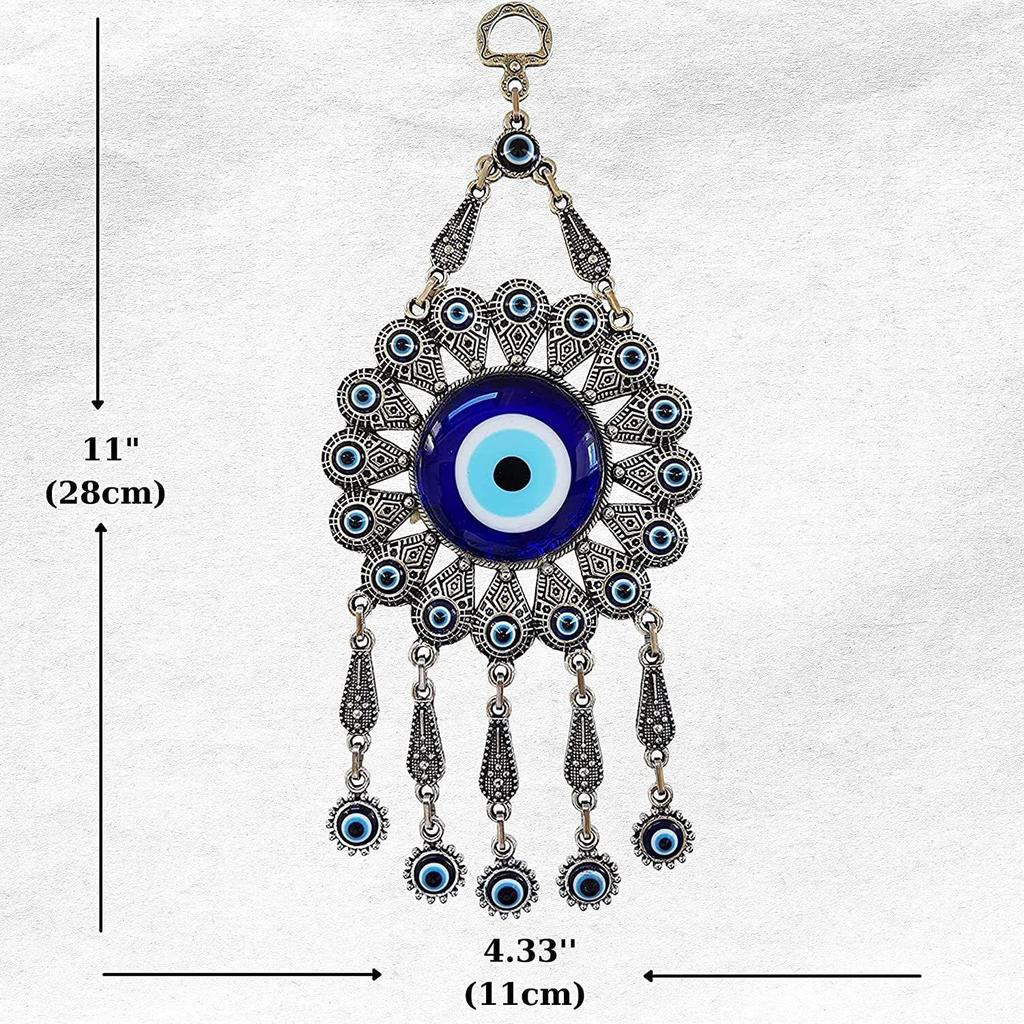 Silver Evil Eye Wall Hanging – Handmade Turkish Blue Nazar Amulet | Spiritual Protection Charm for Home & Office