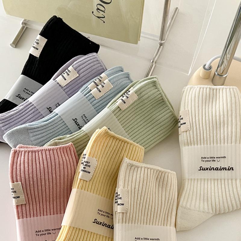 Japanese-Style Cotton Mid-Calf Socks with Waffle Texture and Macaron Fabric Label