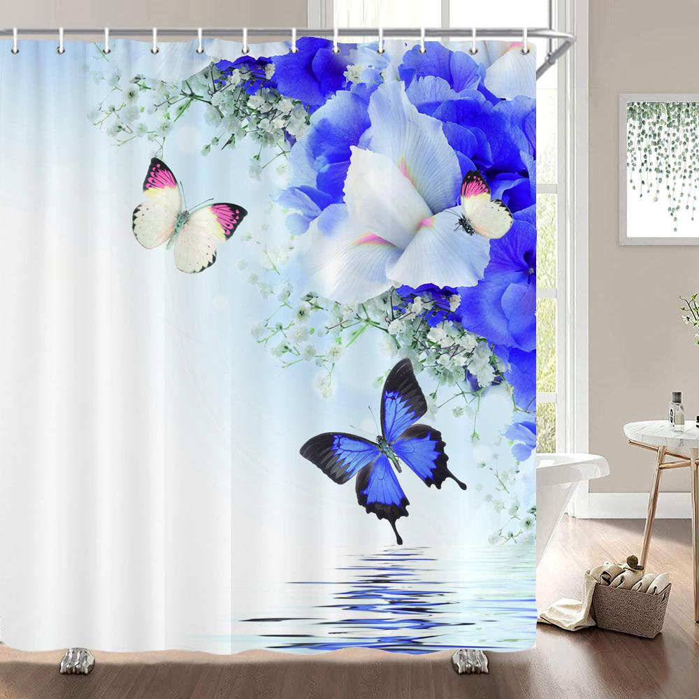 Plants Flower Shower Curtains Butterflies Bathroom Bathtub Decoration Waterproof Polyester Bath Curtain Home Decor with Hooks