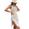 Summer Vacation Sexy Hollow Out O-neck Sleeveless Dress Solid Knitted Dress Elegant High Slit Dresses Beach Sunscreen Cover
