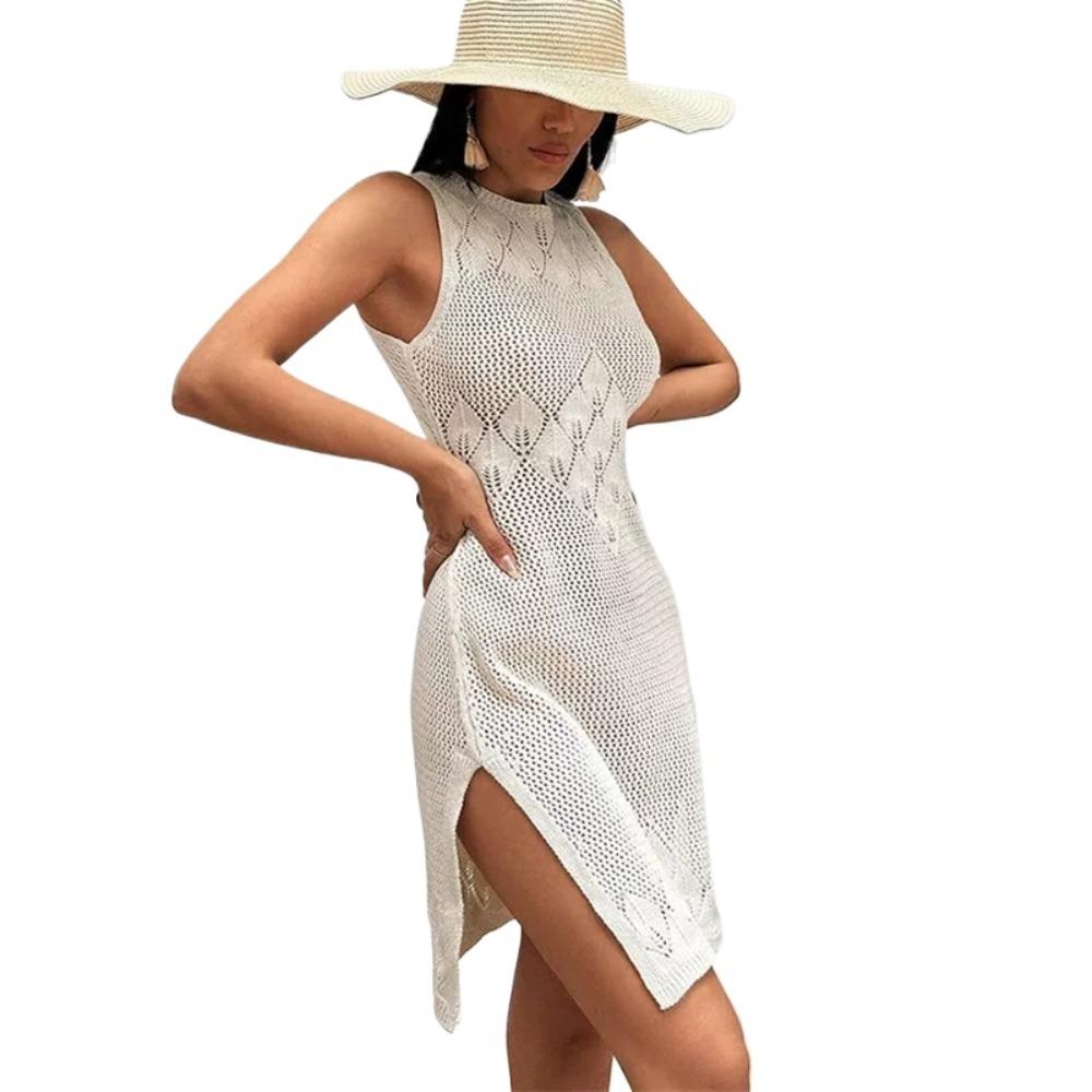 Summer Vacation Sexy Hollow Out O-neck Sleeveless Dress Solid Knitted Dress Elegant High Slit Dresses Beach Sunscreen Cover