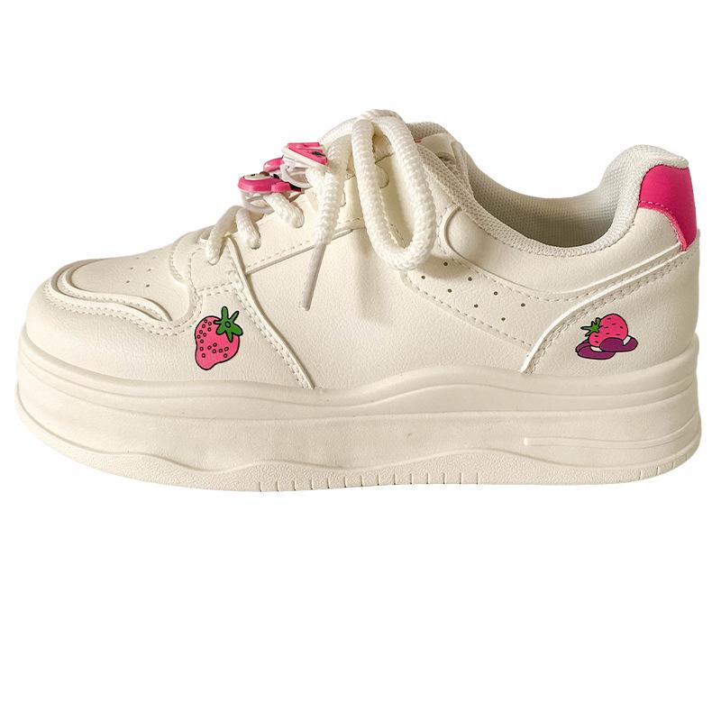

FY-106 strawberry bear accessories platform white shoes women s shoes 2025 spring new leather round head flat baseplate shoes 35 бежевый